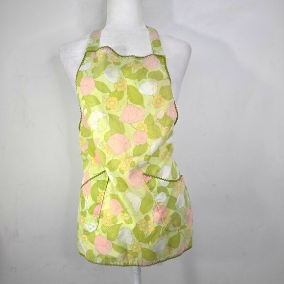 Vintage Handmade Peach Lime Green Novelty Fun Floral 70s 80s Apron - Picture 1 of 5